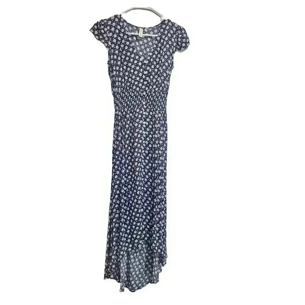 Navy Floral Midi Dress with Cap Sleeves - Picture 6 of 7
